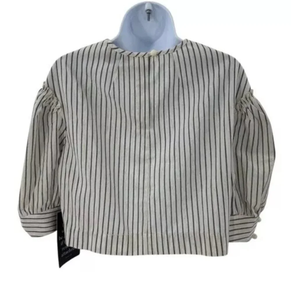 Tuckernuck NEW 100% Linen Stripe Edie Puff Sleeve Chic Cropped Blouse Top Sz XS - Picture 7 of 9
